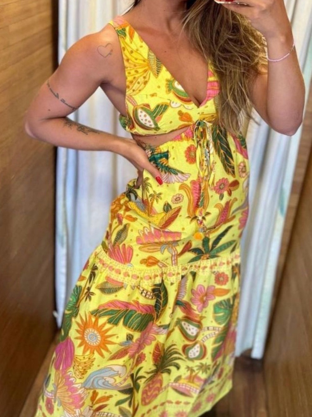 FARM Rio Yellow Tropical Print Maxi Dress with Pink & Green Accents